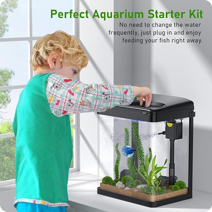 Betta Fish Tank, 2 Gallon Glass Aquarium, 3 in 1 Fish Tank with Filter and Light, Desktop Small Fish Tank for Betta Fish, Shrimp, Goldfish (Black)