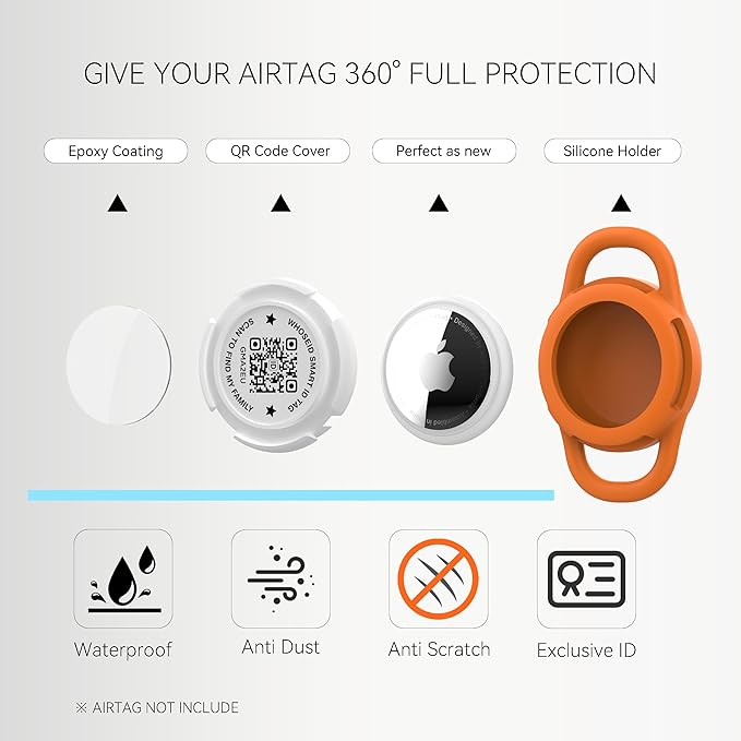 QR Code Airtag Holder, Scan QR Code Send Location Alert Email, Waterproof Full Body Protection Anti-Lost Air Tag Case, Airtag Accessories for Dog, Cats, Collar, Backpack (Orange, Small)