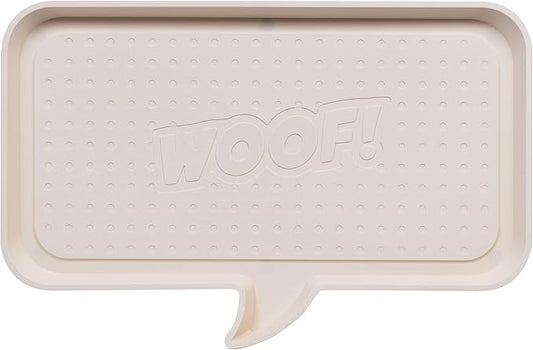 IRIS USA Waterproof Dog Food Mat, Sturdy Plastic, 28"x 14.5" Inner Tray Area, Extra High Lip for Spill-Proof, Non-Slip Rubber Feet, Easy Clean, for Cat Dog Food Bowls & Water Fountains,"WOOF" Ivory