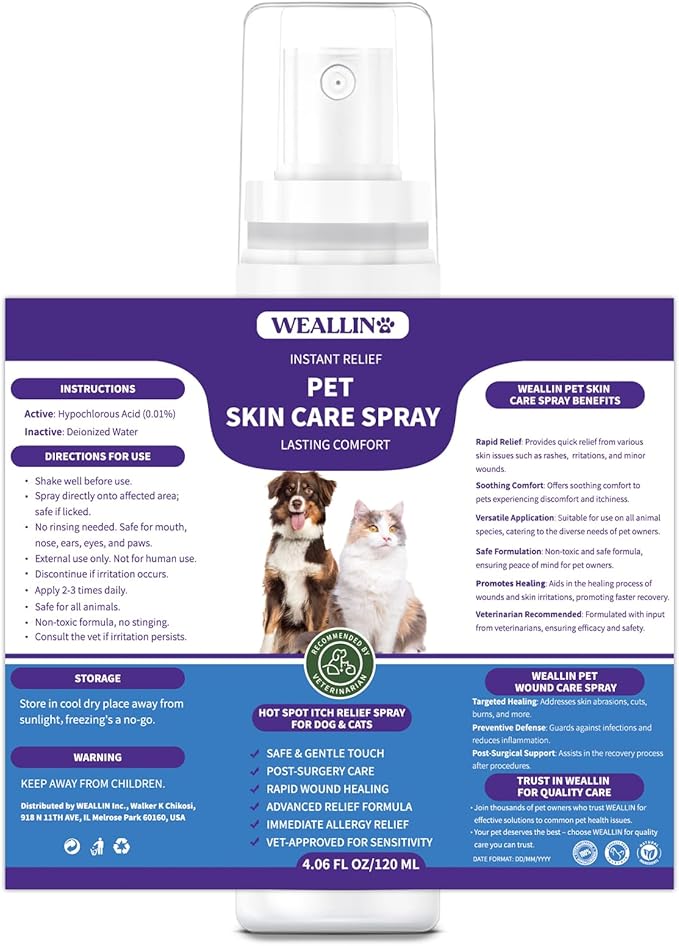 Hot Spot Itch Relief Spray for Dogs & Cats, Hot Spot Treatment for Dogs Itch Relief Spray for Dogs, Pet Treatment Spray for Itchy, Irritated Skin, Allergy, Rashes, Wound Care(8.12 Fl Oz)