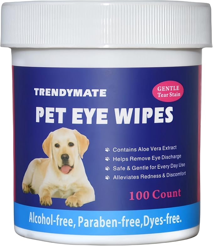 Pet Eye Wipes for Dogs & Cats - Gently Remove Tear Stain, Eye Debris, Discharge, Mucus Secretions - Aloe & Chamomile Pet Cleaning Grooming Deodorizing Wipes for Eyes, Wrinkle, 100Count