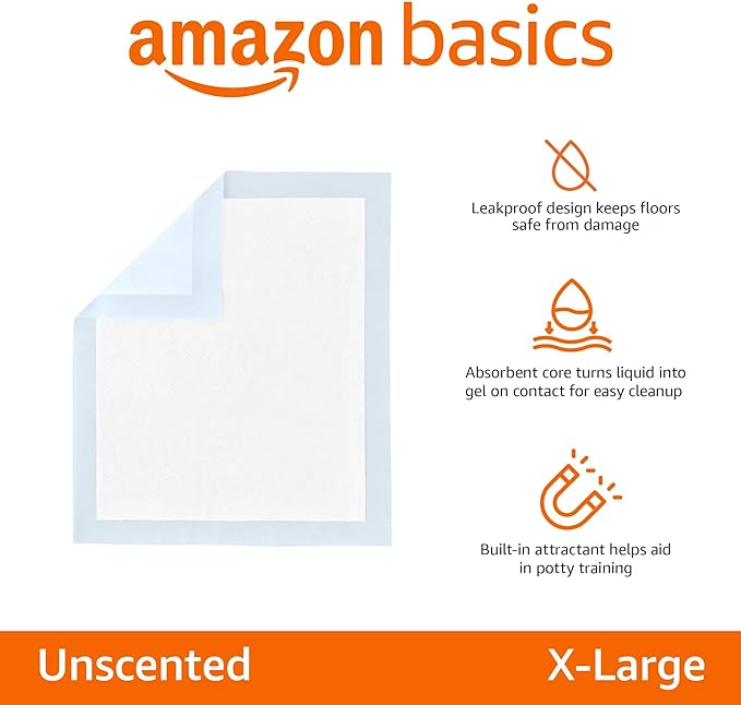 Amazon Basics Dog and Puppy Pee Pads with 5-Layer Leak-Proof Design and Quick-Dry Surface for Potty Training, Standard Absorbency, X-Large, 28 x 34 Inch - Pack of 60, Blue & White