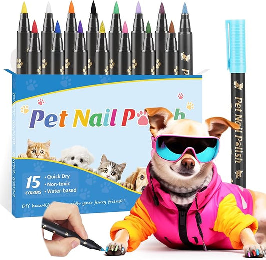 Dog Nail Polish Pens Quick Dry,15 Colors Safe Dog Nail Polish Set to DIY Pretty Nails, Ideal Gifts for Dogs Cats Light Dark Nails, Odorless, Non-Toxic, Water-Based Pet Nail Accessories Set