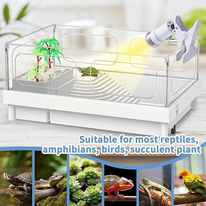 Reptile Heat Lamp, Rotatable UVA/UVB Light Lamp with 2PCS 50W Basking Bulbs, Suitable for Reptiles, Amphibians, Turtle, Lizard, Spiders, Birds, Snake (White)