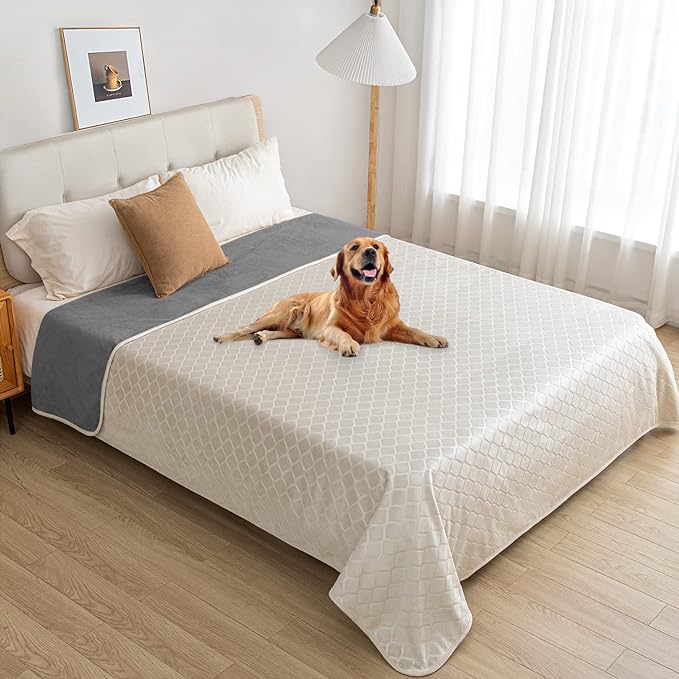 fuguitex Waterproof Dog Blanket Bed Cover Dog Crystal Velvet Moroccan Fuzzy Cozy Plush Pet Blanket Throw Blanket for Couch Sofa(82 * 82 inch, Cream+Grey)