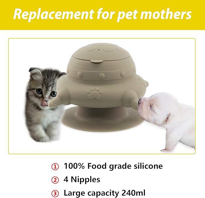 Puppy bottles for nursing,Puppy milk feeders for multiple puppies nipple,Puppy Feeder Milk Bowl,4 Nipples Silicone Puppy Nursing Station,Feeder Bowl for Kittens, Puppies,Capacity 240ml（Grey）