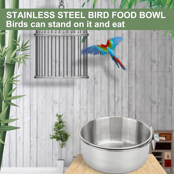 Bird Feeding Dish Cups 3 Pack Parrot Food Bowl Cage with Clamp Holder Stainless Steel Birdcage Coop Water Feeder for Cockatiel Conure Budgies Parakeet Macaw Finches Lovebirds Small Animal