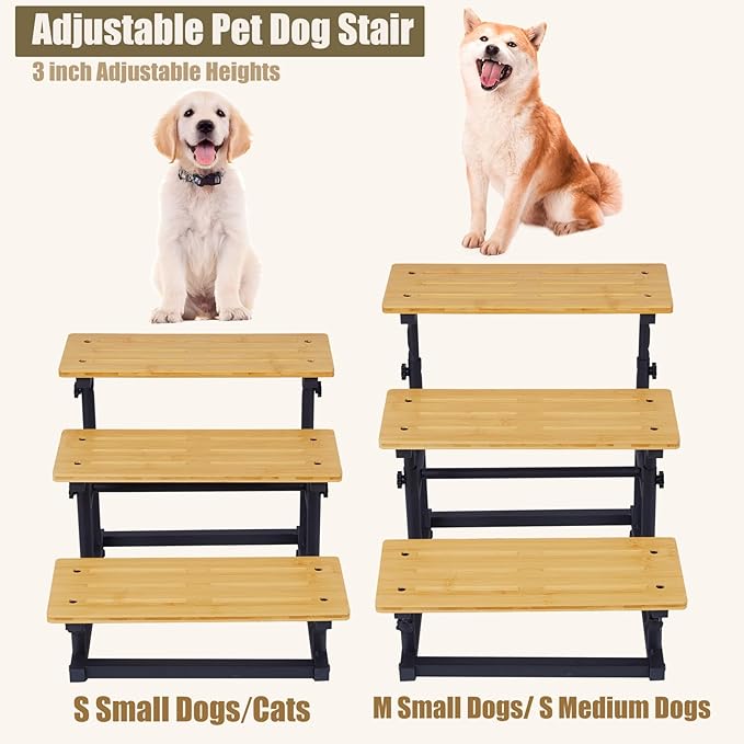 Adjustable Bamboo Dog Steps for Sofa, Chair, Car SUV, 3-Tier Pet Dog Stairs for High Bed & Couch,Deformable Height Steps Puppy Stairs, Loaded Up to 60Lbs for Small Medium Dog Cat