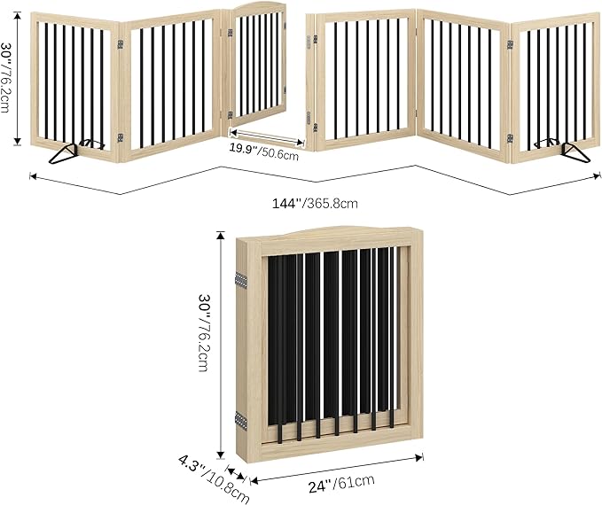 Folding Pet Gate 144" Wide, 30" Tall No-Assembly Wooden Dog Gate with Door Walk Through, Freestanding Pet Gate, Puppy Safety Fence, with 2PCS Support - Natural White