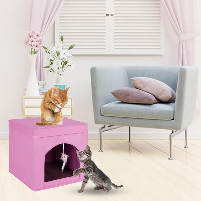 ShellKingdom Collapsible Cat House, Foldable Kitty Cat Cube and Cat Cave with Bed, Cat Stool Condo for Indoor Cats Gifts, 13 x 13 x 13 inches (Pink)