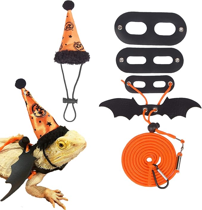 ADOGGYGO Halloween Bearded Dragon Lizard Leash Harness Hat Set - Bearded Dragon Clothe Halloween Pumpkin Hat + 3 Pack Reptile Harness Leash for Bearded Dragon Lizard Reptile (Halloween)