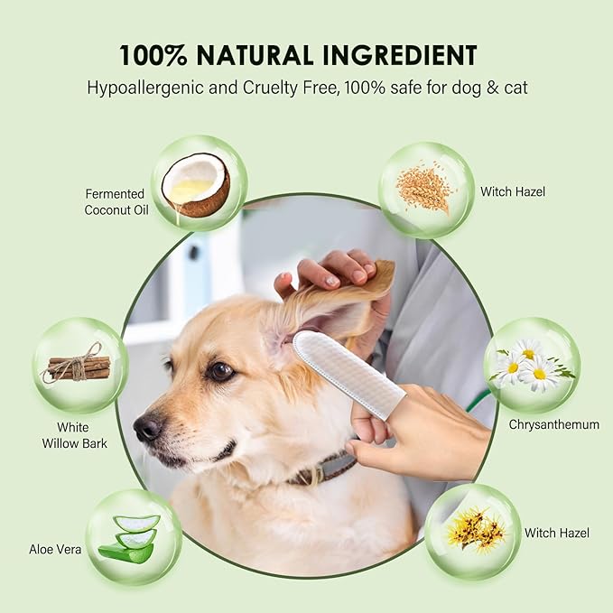 [60 pcs Extra-Large] Dog Ear Wipes - Ear Cleaner for Dogs and Cats - Remove Ear Wax, Debris Gently - Soothes & Deodorizes - All Natural Ingredients - Coconut Scent - with Cotton Swabs