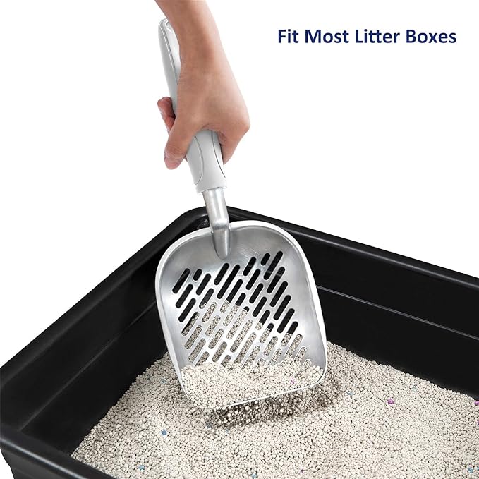 WePet Cat Litter Scoop, Aluminum Alloy Sifter, Kitty Metal Scooper, Deep Shovel with Diagonal Sifting Hole, Long Handle, Kitten Poop Lifter for Litter Box, Large Size, Grey Handle