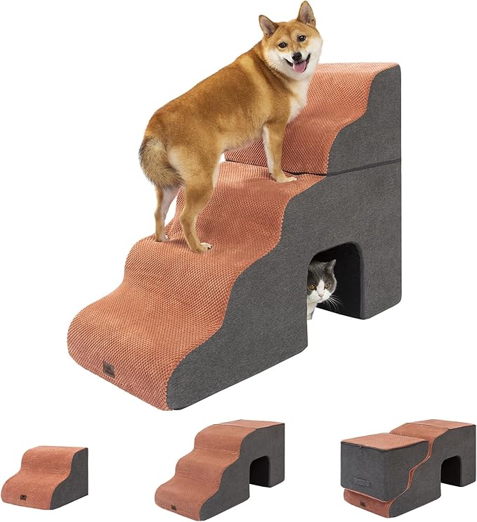 Dog Stairs Ramp for High Beds and Couch,Curved Dog Steps for Small Dogs and Cats Pet Stairs Non-Slip Balanced Portable Pet Step Indoor, 5 Steps,Brown