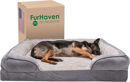 Furhaven Memory Foam Dog Bed for Large Dogs w/ Removable Bolsters & Washable Cover, For Dogs Up to 125 lbs - Plush & Velvet Waves Perfect Comfort Sofa - Granite Gray, Jumbo Plus/XXL