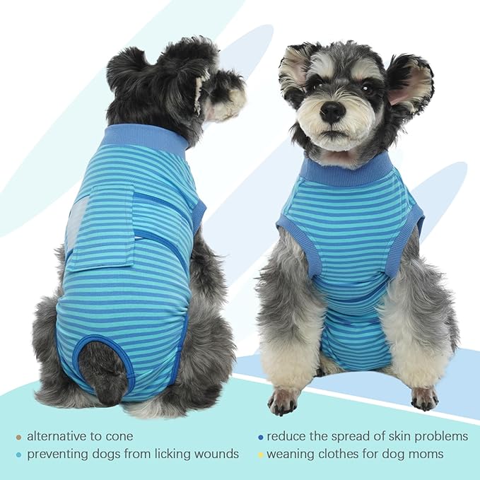 FUAMEY Recovery Suit for Dogs After Surgery,Soft Breathable Dog Bodysuit E-Collar & Cone Alternative Surgical Suit,Male Female Dog Neuter Spay Suits Anti Licking Wounds Onesie Navy Blue Strips M