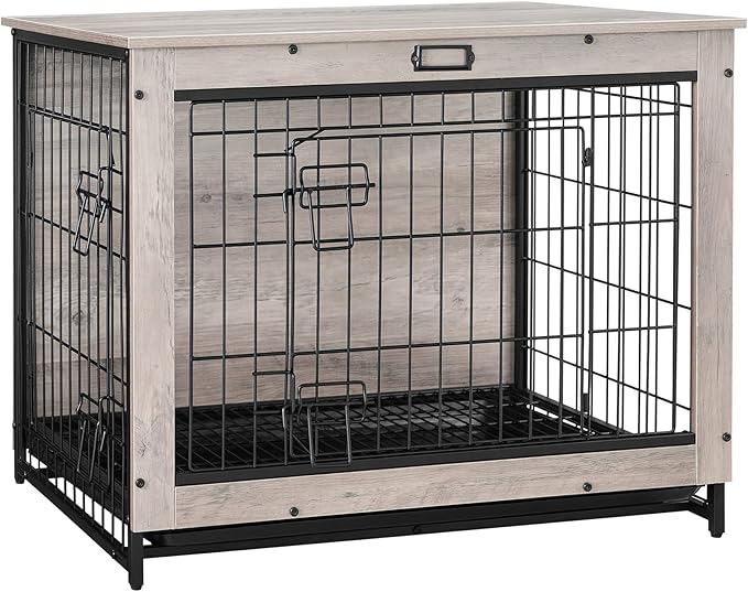 HOOBRO Dog Crate Furniture, 32.5" Medium Dog Kennel Indoor, Wooden Dog Crate with Pull-Out Tray, Double Doors Dog House, Modern Side End Table for Small/Medium Dog, Greige BG802GW03