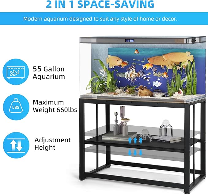 VOWNER 55-75 Gallon Fish Tank Stand - Metal Aquarium Stand, 48.4" x 14.9" x 29.5" Adjustable Heavy Duty Reptile Tank Stand, Adjustable 2-Tier Fish Tank Rack Shelf for Home Office, Tank not Included