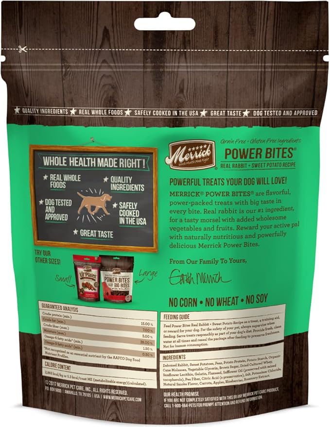 Merrick Power Bites Natural Soft And Chewy Real Meat Dog Treats, Grain Free Snack With Real Rabbit Recipe - 6 oz. Bag