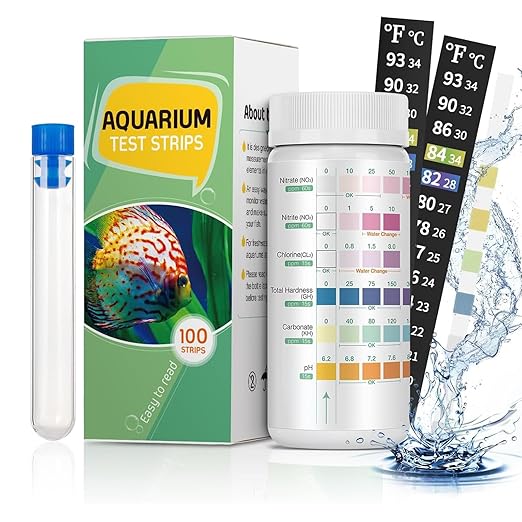 Pawfly 6 in 1 Aquarium Test Strips, 100 Strips Fish Tank Testing Strips for pH Chlorine Nitrate Nitrite Carbonate and Hardness Water Quality Freshwater Saltwater Test Kits