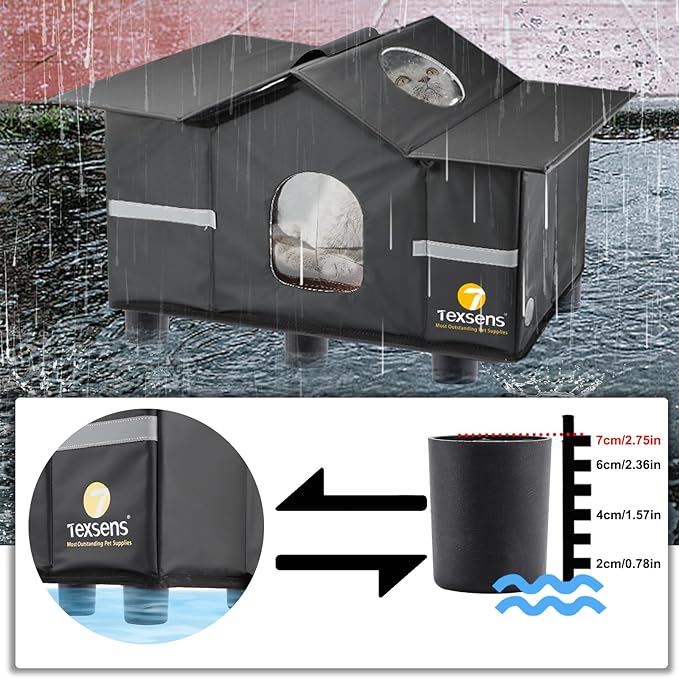 Texsens Large Cat House - Weatherproof Outdoor Cat Shelter with Roof Window- Insulated Elevated House for Stray/Barn Cats with Cozy Cushion - Ideal Waterproof Feral Cat House for Summer