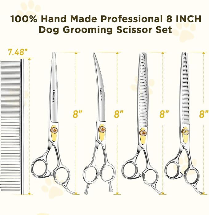 Gimars 8 Inch Professional 440C Stainless Steel Dog Grooming Scissors Heavy Duty 6 In 1 - Straight, Thinning, Chunker, Curved Shears and Comb, Ergonomic Pet Grooming Scissor for Dogs, Cats