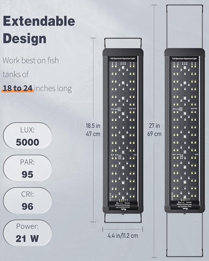 Pawfly 21W Aquarium LED Light for 18" to 24" Tanks 24/7 Extendable Fish Tank Light with Full Spectrum IP68 Waterproof Light with D/N Mode Single Color Effects Timer and Adjustable Brightness