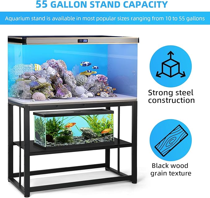 VOWNER 55-75 Gallon Fish Tank Stand - Metal Aquarium Stand, 48.4" x 14.9" x 29.5" Adjustable Heavy Duty Reptile Tank Stand, Adjustable 2-Tier Fish Tank Rack Shelf for Home Office, Tank not Included