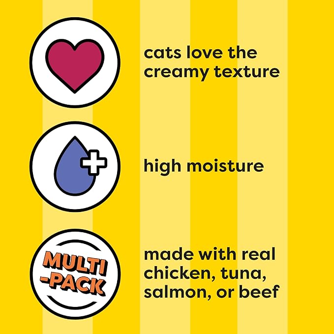 Temptations Creamy Puree with Beef Liver, Salmon, Chicken, and Tuna Squeezable Lickable Wet Cat Treat Variety Pack, 0.42 oz. Tubes, Pack of 48