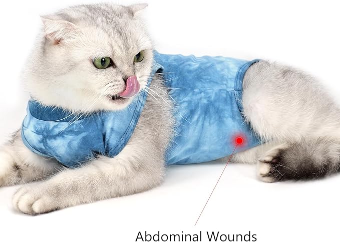 Cat Recovery Suit for Male and Female Surgical Post Surgery Soft Cone Onesie Tie Dye Cats Shirt Clothes Neuter Licking Protective Diapers Outfit Cover Kitten Spay Collar Alternative(Navy Blue, L)