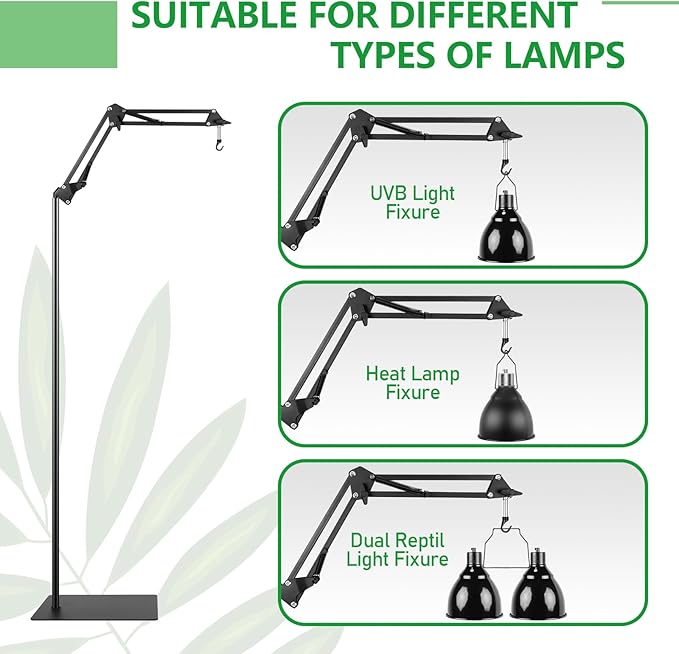 BETAZOOER Adjustable Reptile Heat Lamp Stand - Metal Terrarium Hanging Light Holder with 360° Swing Arm, 12-48 Inch, for Bearded Dragon, Gecko, Turtles, Snake, Fish, and Chicks