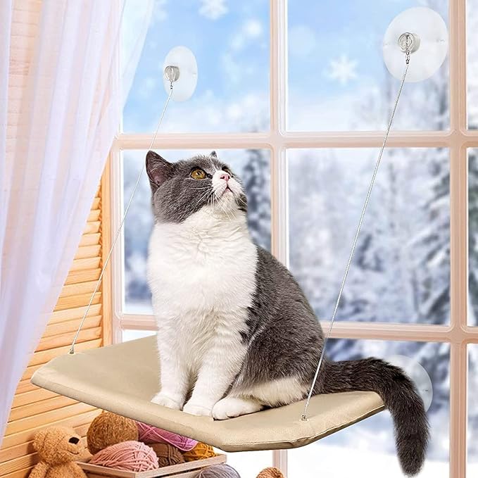 Cat Window Perch, Strong Suction Cups Easy Clean Safety Cat Hammock Window Seat for Large Fat Cat or Double Cats (Up to 50lbs)