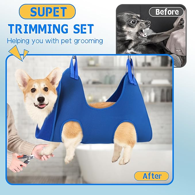 Supet Dog Grooming Hammock Harness for Cats Dogs, Relaxation Pet Grooming Hammock Restraint Dog & Small Animal Leashes Sling for Grooming Dog Grooming Helper for Nail Trimming Clipping Grooming Blue S