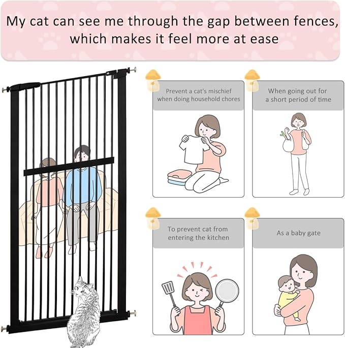 Extra Tall Pet Gate 55.12" High Pressure Mounted 34.06"-38.38" Extra Wide (9 Sizes) 1.37" Gap for Cat Dog Children Stairs Doorway Hallway No Drilling Auto-Close (34.06"-38.38", Black)