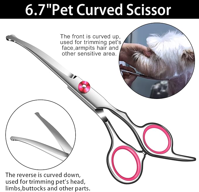 Pink Dog Grooming Scissors with Safety Round Tip,Pet Grooming scissors Kit,Dog Shears kit,Incudes Thinning,Curved,Straight Grooming Scissors，Nail Clippers,Nail File and Comb for dogs,cats.