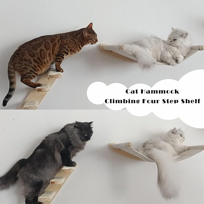 Cat Hammock, Wall Mounted Cat Climbing Shelf, 4 Step Cat Stairway Furniture with Sisal Scratching for Sleeping, Playing, Lounging and Perching