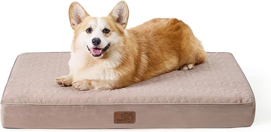 Bedsure Orthopedic Dog Bed for Medium Dogs - Memory Foam Dog Beds, 2-Layer Thick Pet Bed with Removable Washable Cover and Waterproof Lining (30x20x3 Inches), Beige