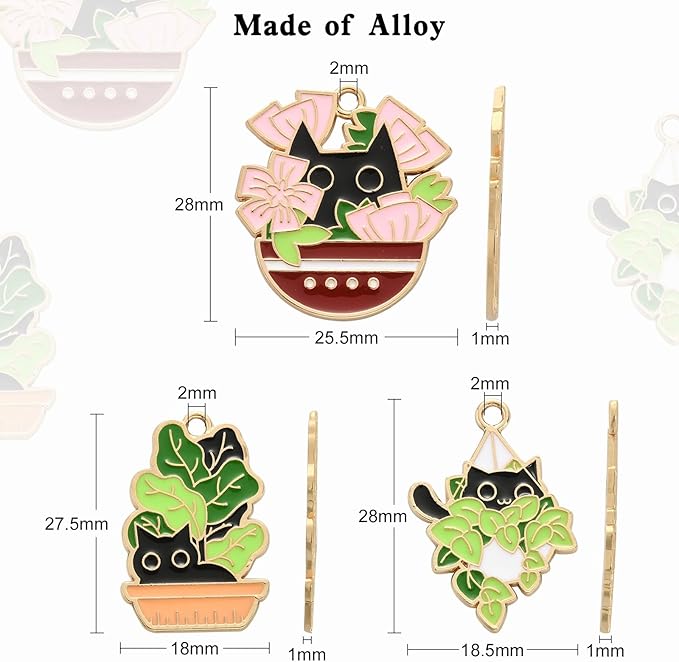 KitBeads 15pcs Enamel Plant with Cat Charms Cartoon Green Potted Plant Charms Cute Pet Black Cat Charms for Jewelry Making Bracelet Bulk