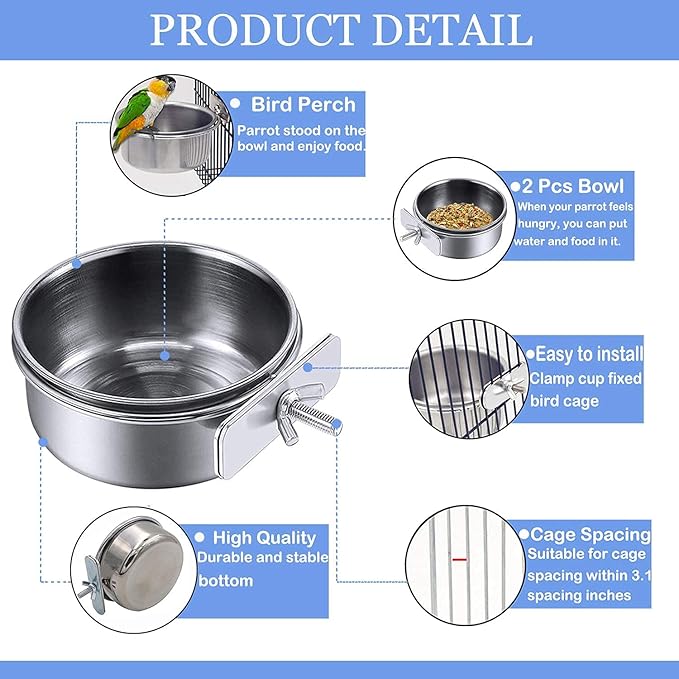 HERCOCCI Bird Feeder Dish Cup, Stainless Steel Parrot Food Bowl Feeding Coop Cups Clamp Holder, Bird Water Cage Bowl for Parakeet Lovebird Conure Cockatiel Budgie Chinchilla (5 Pieces)