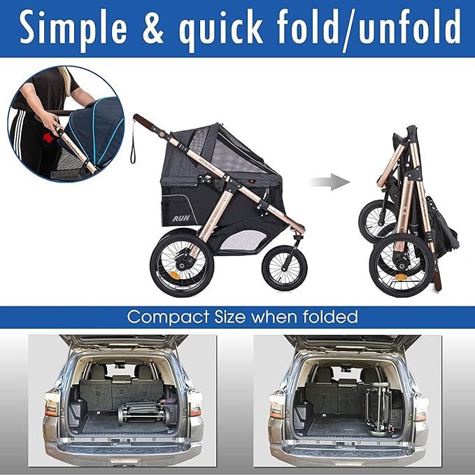 HPZ Pet Rover Run Performance Jogging Sports Stroller with Comfort Rubber Wheels/Zipper-Less Entry/1-Hand Quick Fold/Aluminum Frame for Small/Medium Dogs, Cats and Pets (Black)