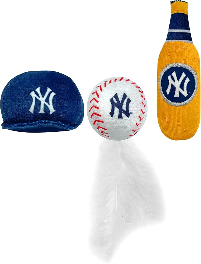 BEST PLUSH CAT TOY - MLB NEW YORK YANKEES Complete Set of 3 piece Cat Toys filled with Fresh Catnip. Incl: 1 Baseball Cap Cat Toy, 1 Baseball Cat Toy with Feathers & 1 Beer Bottle. Beautiful Team LOGO