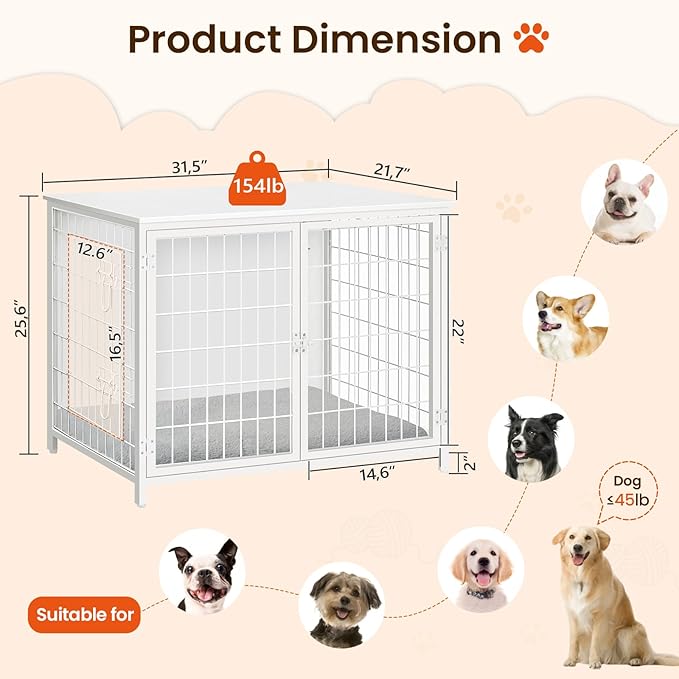 Dog Crate Furniture with Cushion, Wooden Dog Kennel with Double Doors, Heavy Duty Dog Cage for Small/Medium/Large Dogs, Indoor Dog House End Table, 31.5" L, White DCBW0701