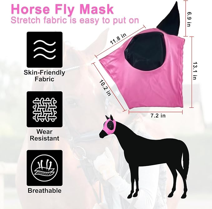 3 Pcs Horse Fly Mask-Fly Masks for Horses with Ears, Breathable Elastic Fabric for Sun Protection for Large/Medium Size Adult Horses (Purple-Pink-Gray, Large)