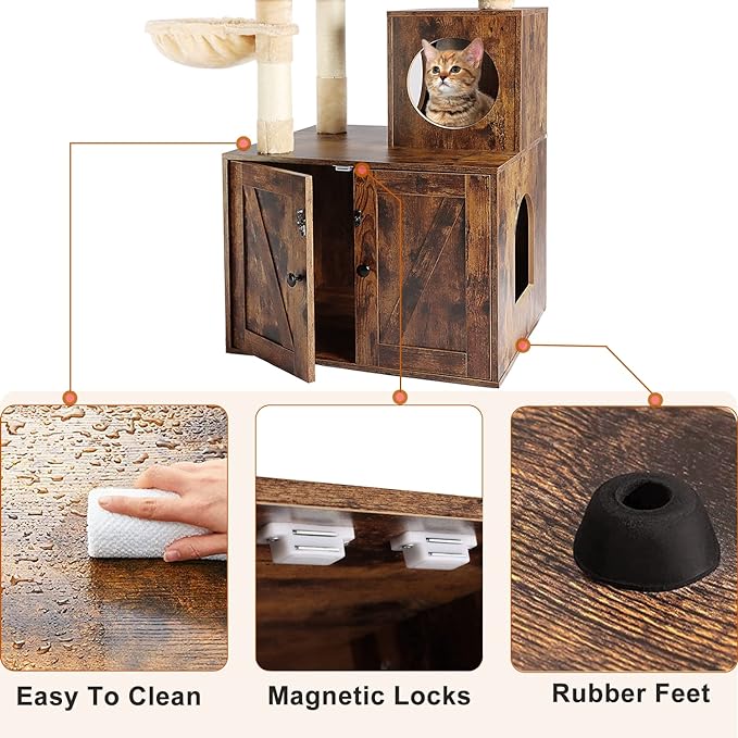 Litter Box Enclosure with Cat Tree, Wooden Cat House with Cat Tree Tower, Hidden Cat Litter Box Furniture with Scratching Post, Modern Cat Condo, Rustic Brown