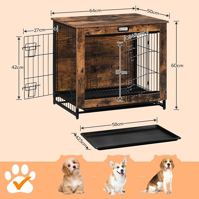 Dog Crate Furniture, 25.5" Small Dog Kennel Indoor, Wooden Dog Crate with Pull-Out Tray, Double Doors Dog House, Modern Side End Table for Small/Medium Dog, Rustic Brown BF642GW03G1