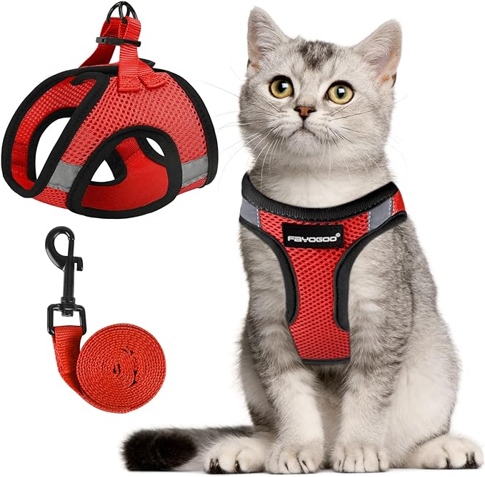 Cat Harness and Leash Set for Walking Escape Proof, Kitten Harness and Leash Adjustable, Small Large Cat Walking Harness and Leash, Lightweight Soft Vest Harness and Leash(Large, Red)