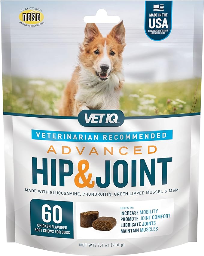 VetIQ Advanced Hip & Joint Chews For Dogs, 60 Count, Chicken Flavored Supplements Made with Glucosamine, Omega 3’s, Chondroitin, MSM, and Green Lipped Mussel, Increases Mobility and Maintains Muscles