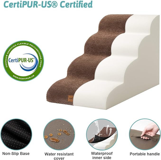 Dog Stairs for Medium Bed 20" H, Small Dogs Ramp with Leakproof Fabric Cover, Foam Pet Steps for Cat, Couch, Sofa, Lightweight, Non-Slip, Durable, Comfort, 15.7x28.3x19.7in, Brown, 4 Tiers