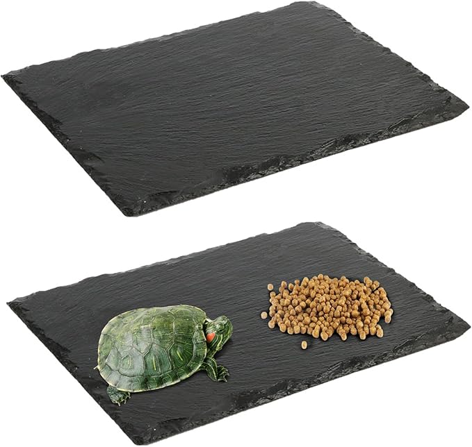 Reptile Basking Platform 2 Pcs Tortoise Rock Plate Natural Turtle Food Bowl Dish 11.81 x 7.87 inch Feeding Slate Rock for Lizard Tortoise Bearded Dragon Chameleon Gecko Frog Snake