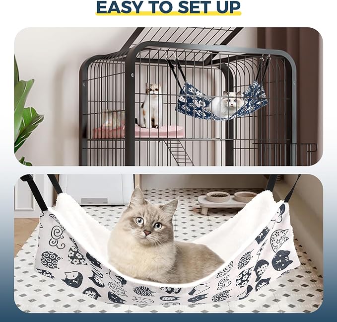 2Pack Cat Hammock for Cage Hanging,Reversible Pet Hammock Bed Adjustable,Soft Sleeping Hammock for Cats,Ferret,Puppy,Rabbits,Small Animal (M, CAT)